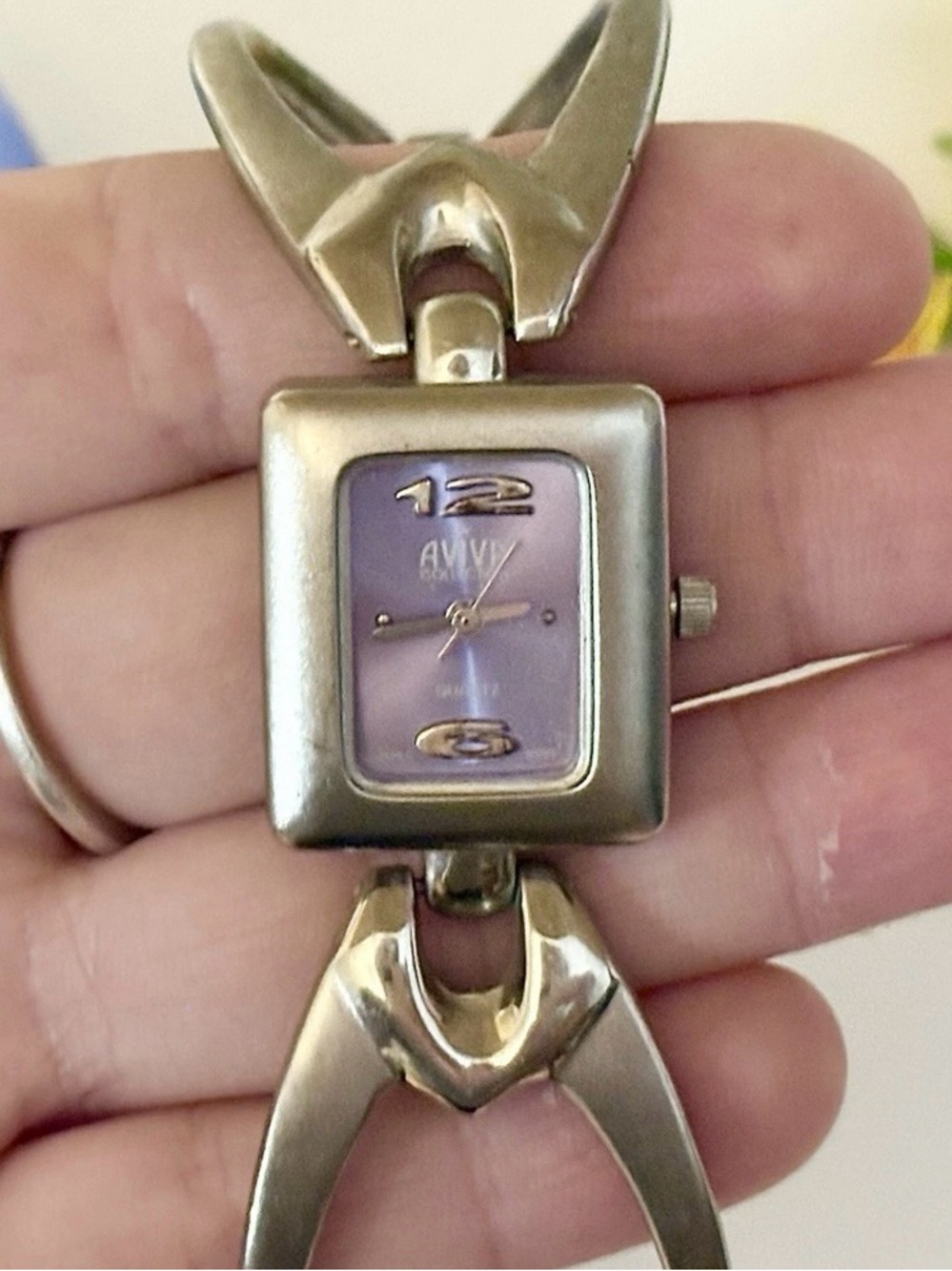 Ladies Unique Silver Cuff Wristwatch WORKS!! Aviva Purple Lavender Square Watch